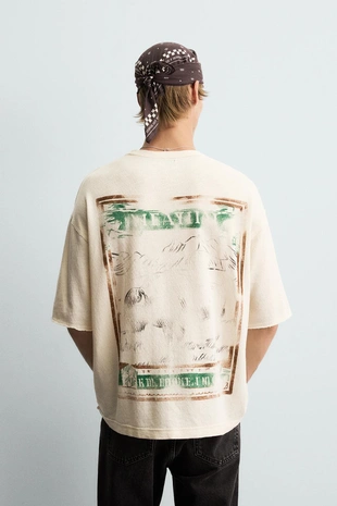 Ecru | 4805/317/712 - Zara Футболка с принтом и эффектом потертости