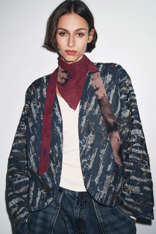 Стеганое кимоно с эффектом денима и бусинами- Заказать в России