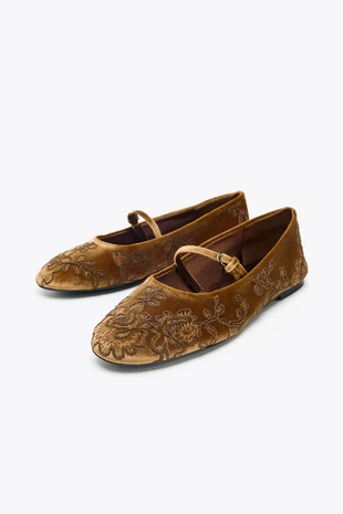 Бархатистые балетки с вышивкой- Заказать в России