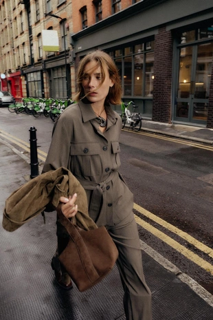 camel | 8811/512/707 - Zara Рубашка с рукавами на хлястиках и поясом