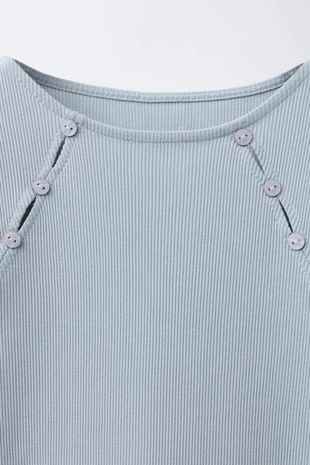 Blue / Grey | 4424/722/485 - Zara Футболка в рубчик с пуговицами и вырезом