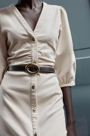 Платье миди с рукавами-буфами и поясом- Заказать в России