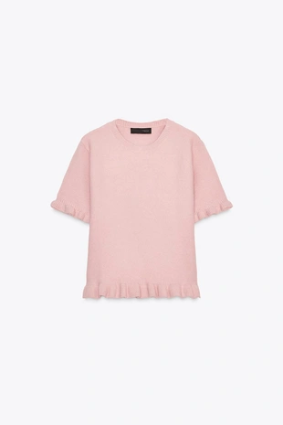 Трикотажный джемпер с короткими рукавами и оборками- Заказать в России