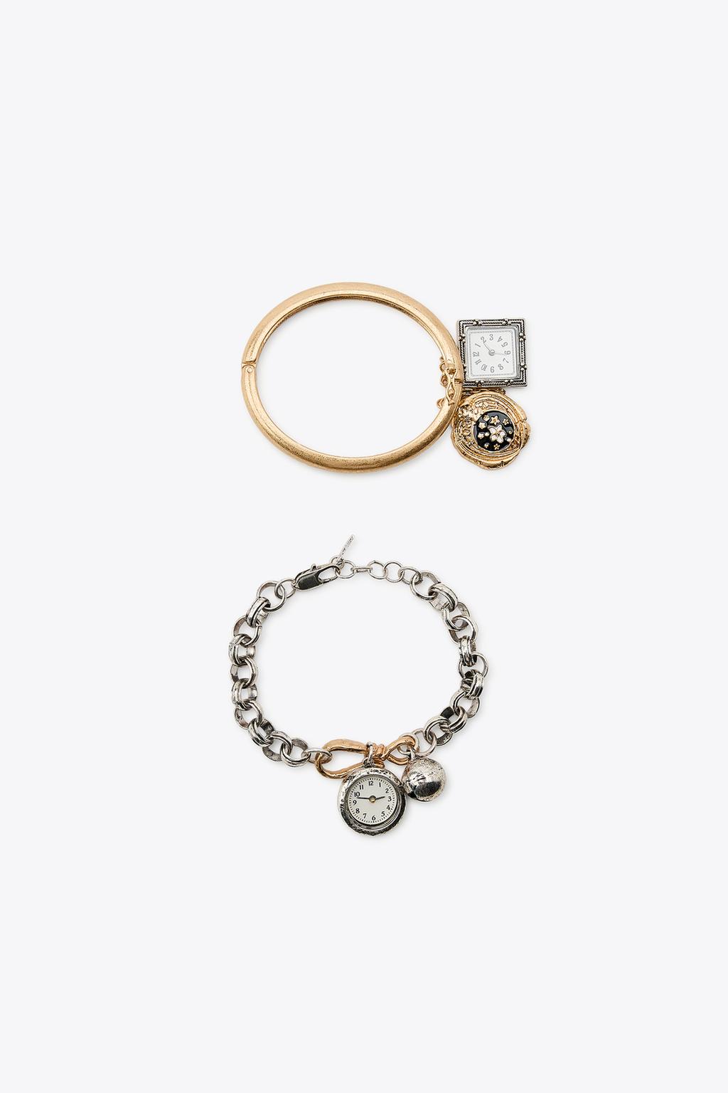 PACK OF 2 COMBINED BRACELETS WITH CLOCK AND BELL CHARMS