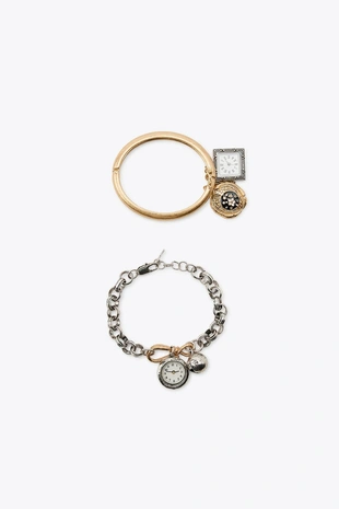 PACK OF 2 COMBINED BRACELETS WITH CLOCK AND BELL CHARMS- Заказать в России