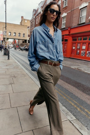 Брюки в елочку с ремнем- Заказать в России