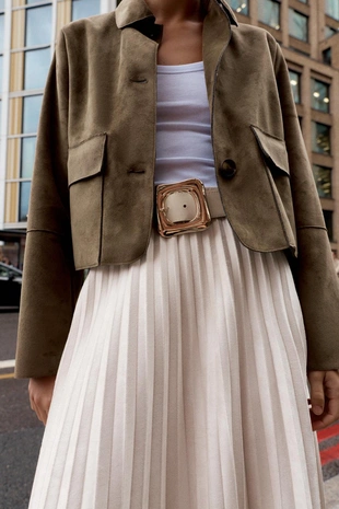 Плиссированная юбка-миди под замшу с поясом- Заказать в России