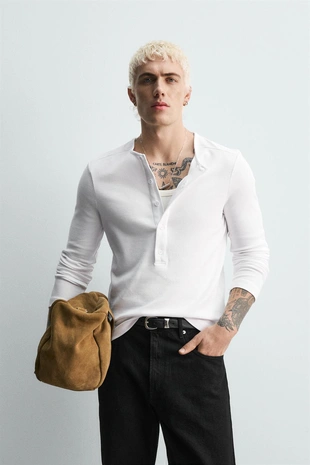 Купить Zara Футболка в рубчик с горловиной и пуговицами