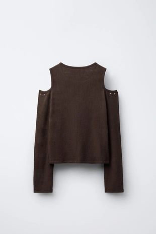 Купить Zara Лонгслив в рубчик с вырезами и заклепками