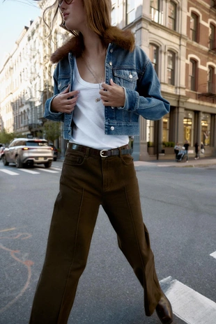 Z1975 FAUX FUR COLLAR SHORT DENIM JACKET- Заказать в России