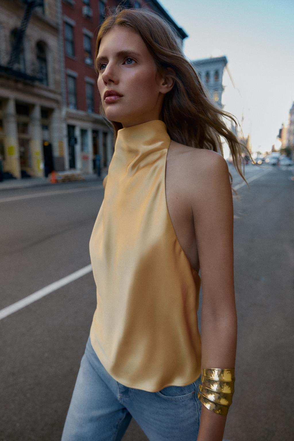 Zara Атласный топ с горловиной халтер - Цвет яично-желтый - yellow