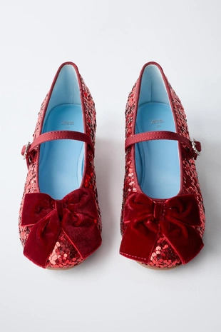 Туфли на каблуке с пайетками и бантом- Заказать в России