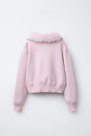 Pink | 2488/700/620 - Zara Трикотажный кардиган со съемным воротником из искусственного меха