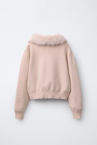 Beige | 2488/700/710 - Zara Трикотажный кардиган со съемным воротником из искусственного меха