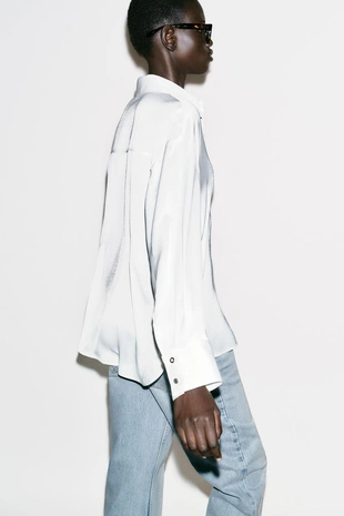 Атласная рубашка с комбинированными пуговицами- Заказать в России