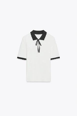 Футболка с контрастным воротником и бантом- Заказать в России