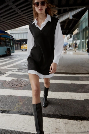 Комбинированное мини-платье из поплина- Заказать в России