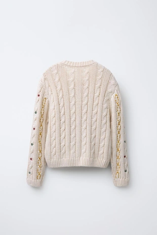 Mid-ecru | 5987/705/715 - Zara Вязаный кардиган с вышивкой и узором «косы»