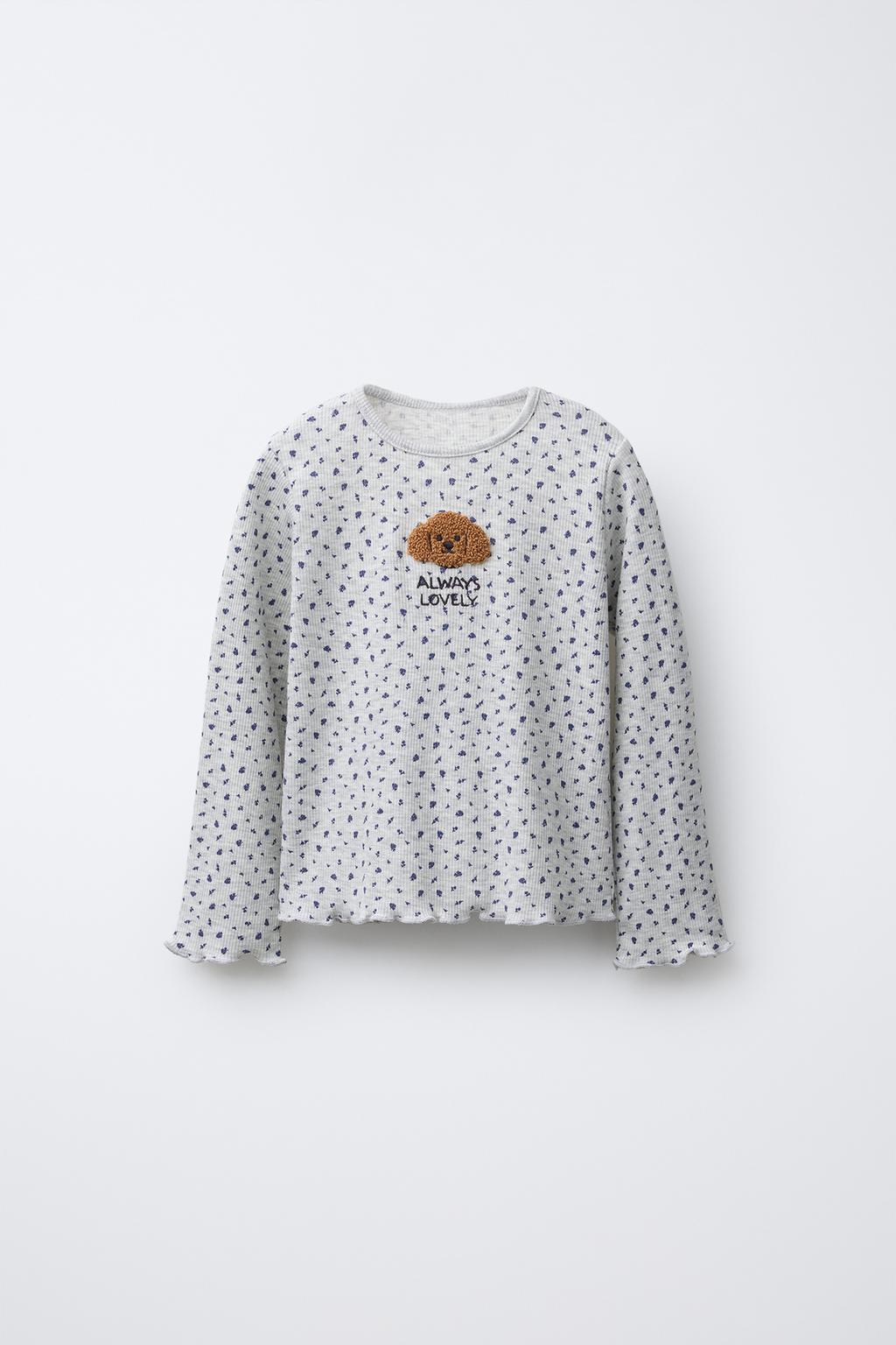 RIBBED T-SHIRT WITH ANIMAL PATCH AND FLORAL PRINT
