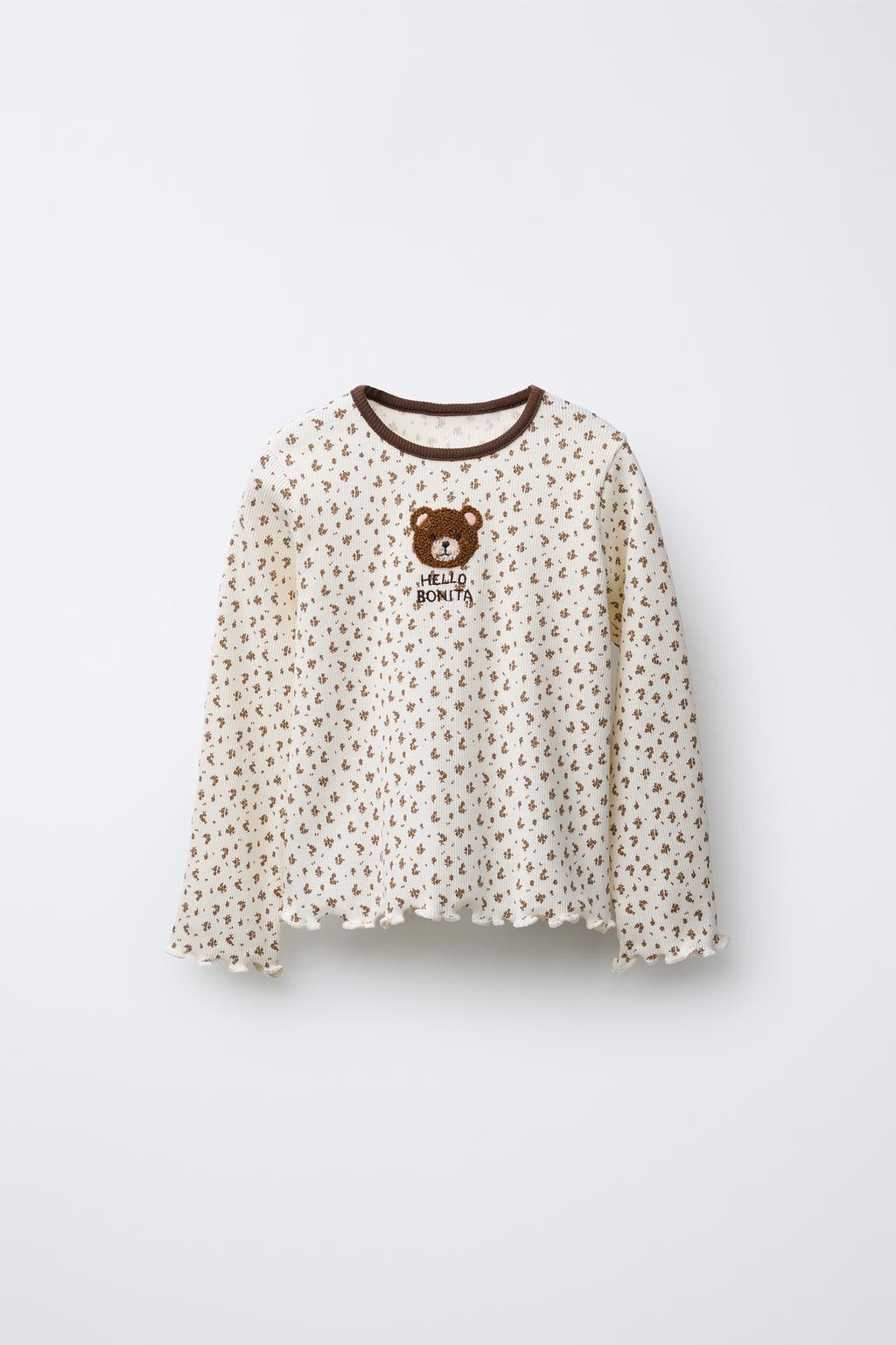 RIBBED T-SHIRT WITH ANIMAL PATCH AND FLORAL PRINT