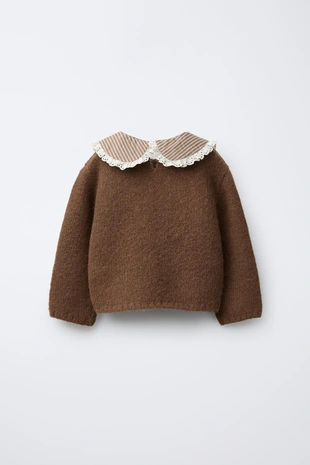 Трикотажный джемпер с полосатым воротником и цветами- Заказать в России