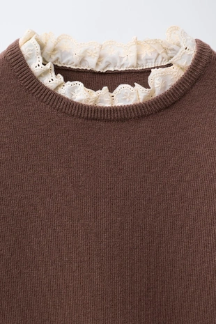 Свитер с кружевом и вышивкой- Заказать в России