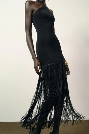 Длинное эластичное платье с бахромой- Заказать в России