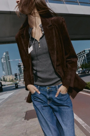 Прямой блейзер из 100% кожи- Заказать в России