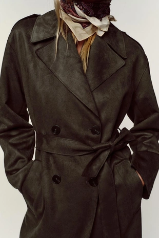 Длинный тренч из искусственной замши- Заказать в России