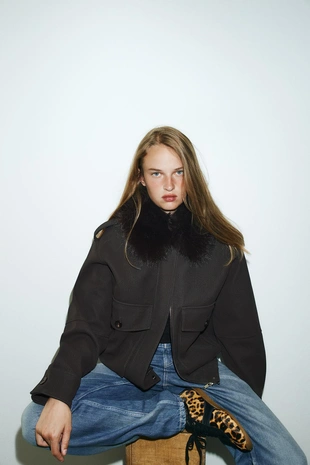 Купить Zara Кроссовки из кожи с животным принт и овечьей шерстью