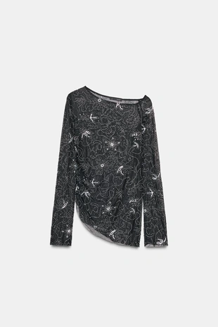 Топ из тюля со сборками, вышивкой и бусинами