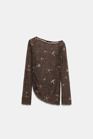 Топ из тюля со сборками, вышивкой и бусинами- Заказать в России