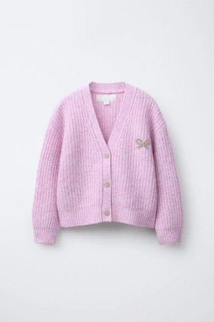 Pink | 3920/713/620 - Zara Трикотажный кардиган с бантом и блестками