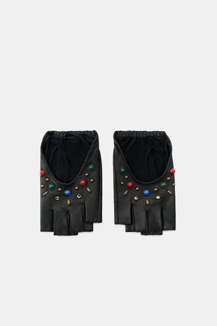 Короткие кожаные митенки с заклепками и камнями- Заказать в России