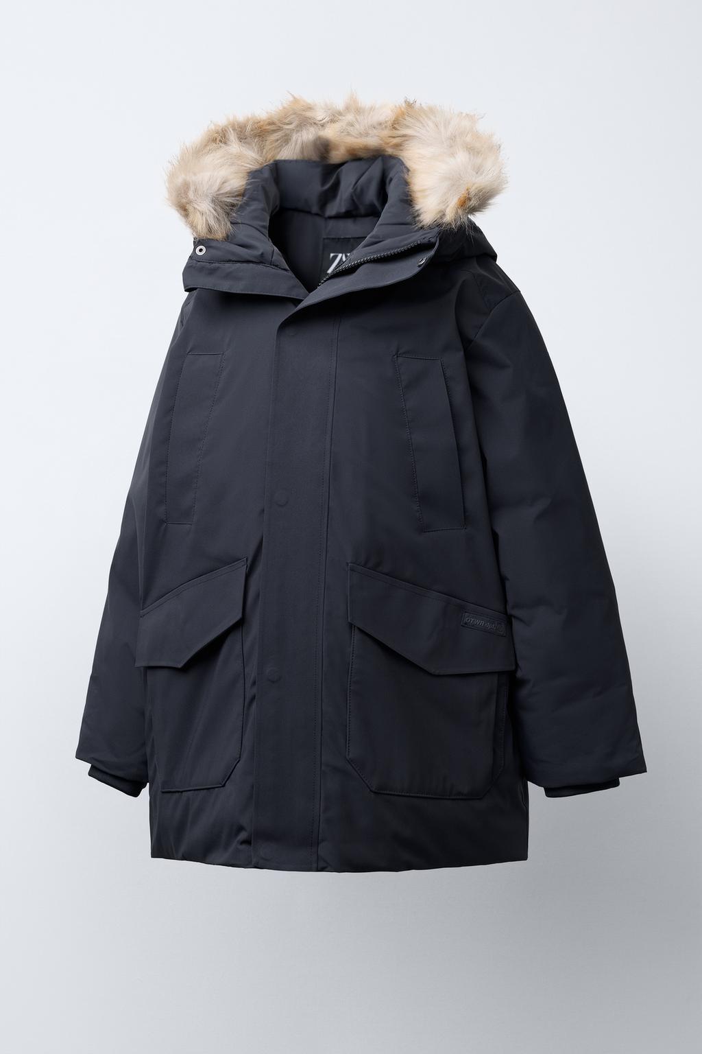 LONG FEATHER AND DOWN WATER-REPELLENT PUFFER JACKET WITH DETACHABLE FAUX FUR HOOD