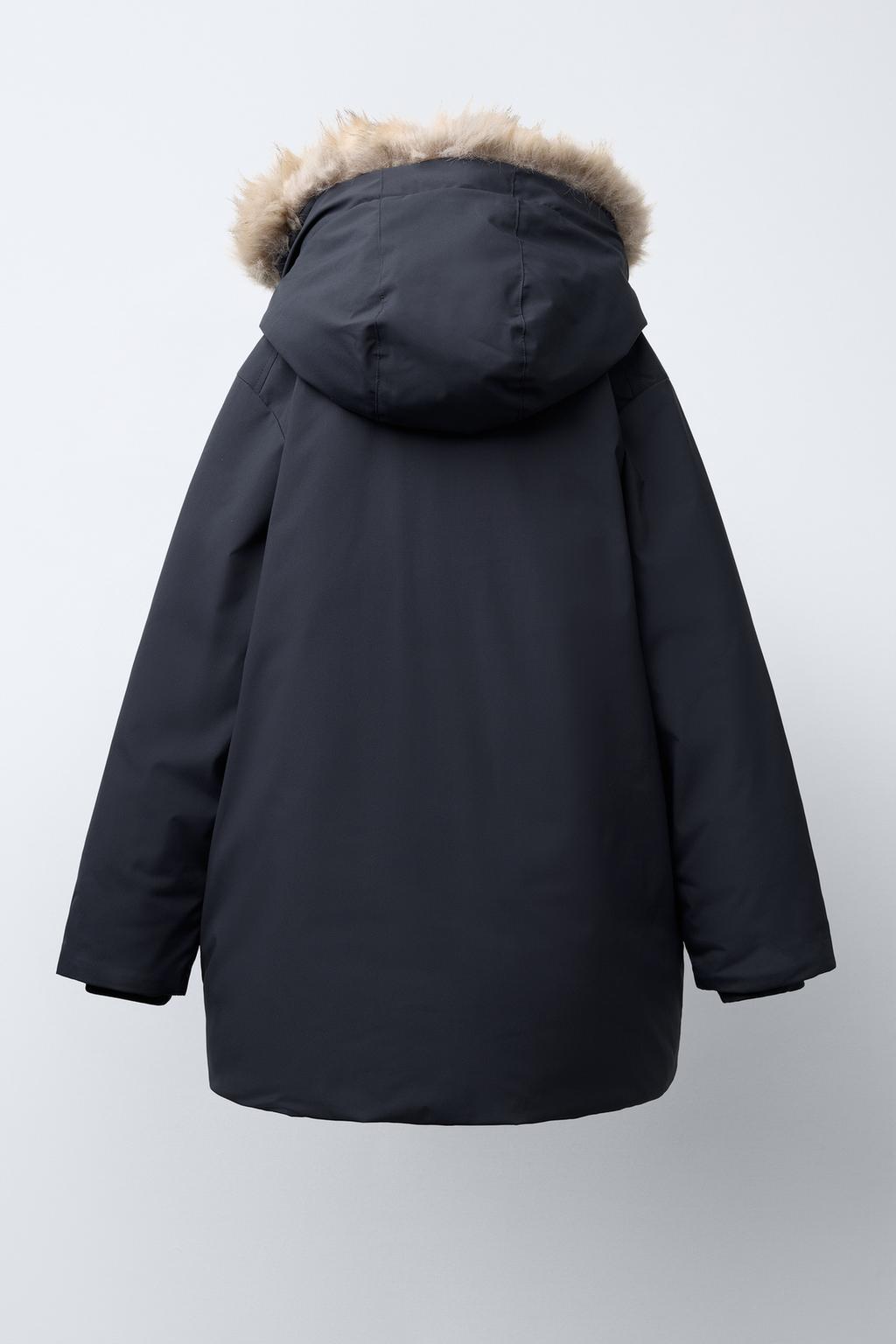 LONG FEATHER AND DOWN WATER-REPELLENT PUFFER JACKET WITH DETACHABLE FAUX FUR HOOD