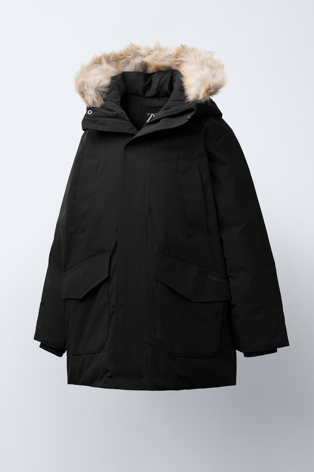 LONG FEATHER AND DOWN WATER-REPELLENT PUFFER JACKET WITH DETACHABLE FAUX FUR HOOD