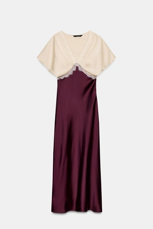 Атласное платье миди с комбинированным кружевом- Заказать в России