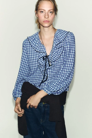 Купить Zara Блуза в клетку виши с воланами