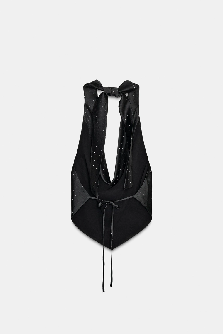 Топ на шее из атласа с камнями