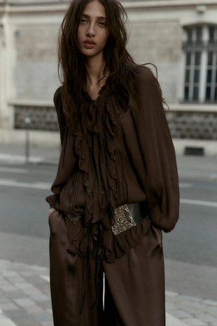 Рубашка струящегося покроя с воланами- Заказать в России