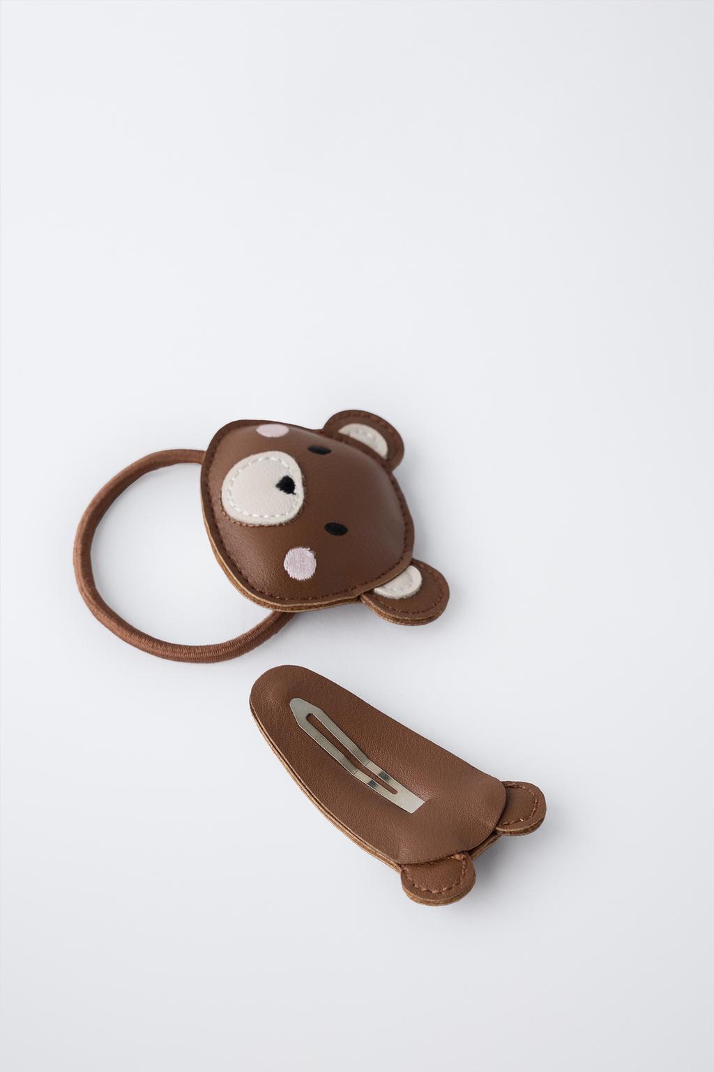 PACK OF SCRUNCHIE AND LEATHER EFFECT BEAR CLIP