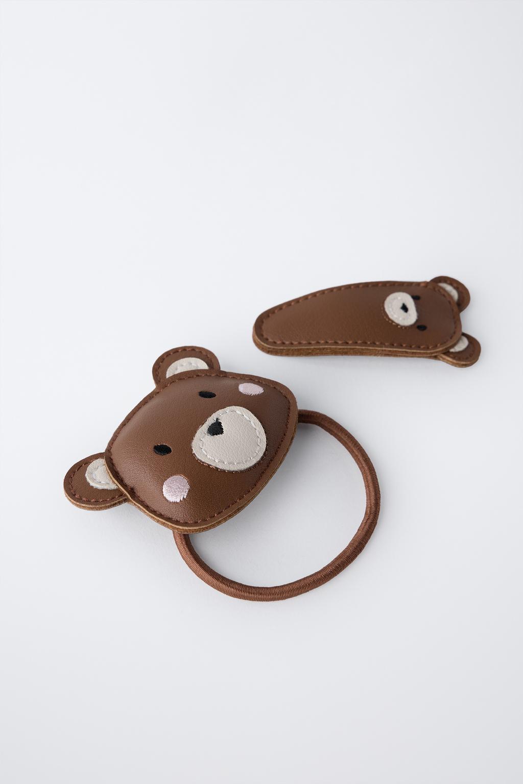 PACK OF SCRUNCHIE AND LEATHER EFFECT BEAR CLIP