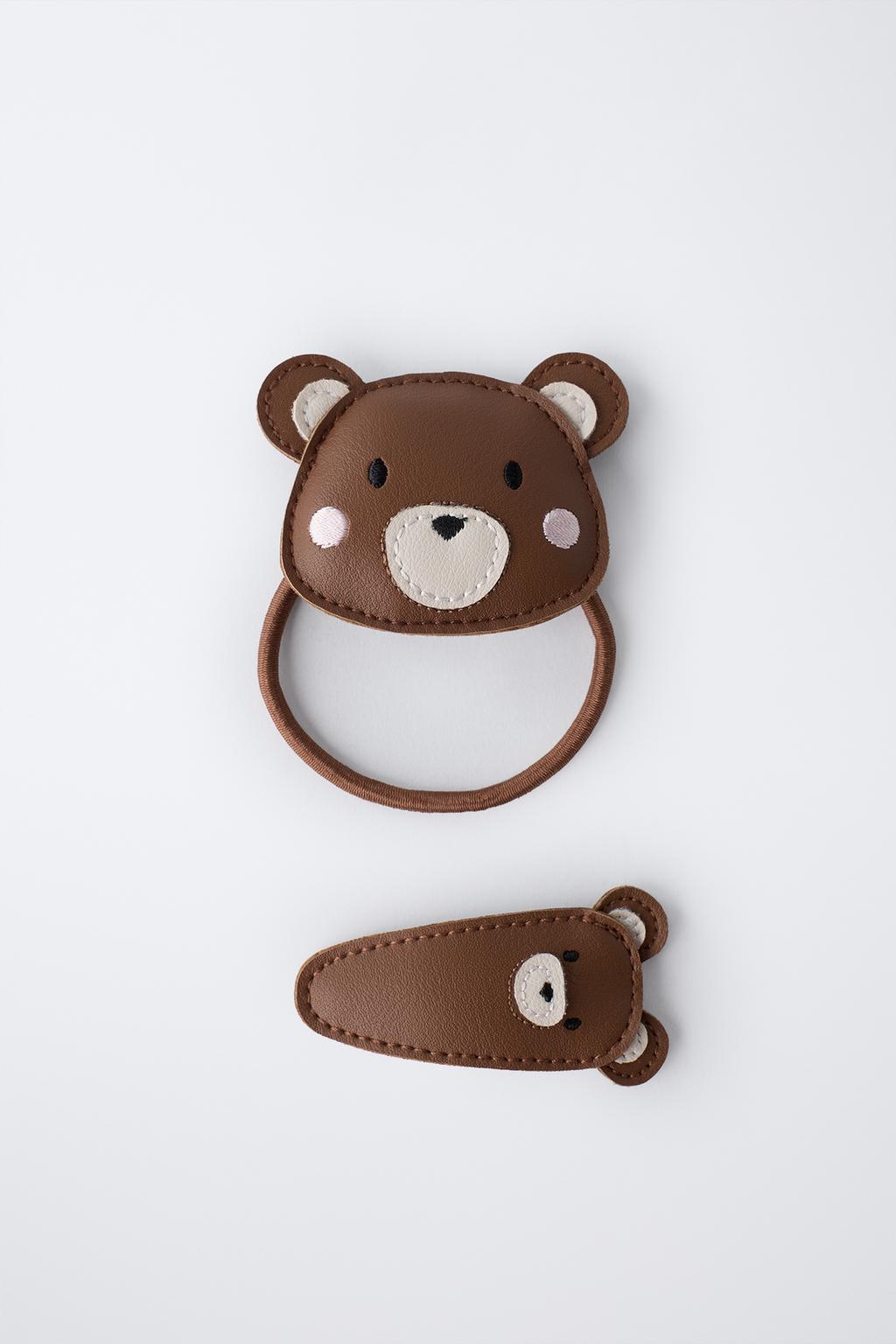 PACK OF SCRUNCHIE AND LEATHER EFFECT BEAR CLIP