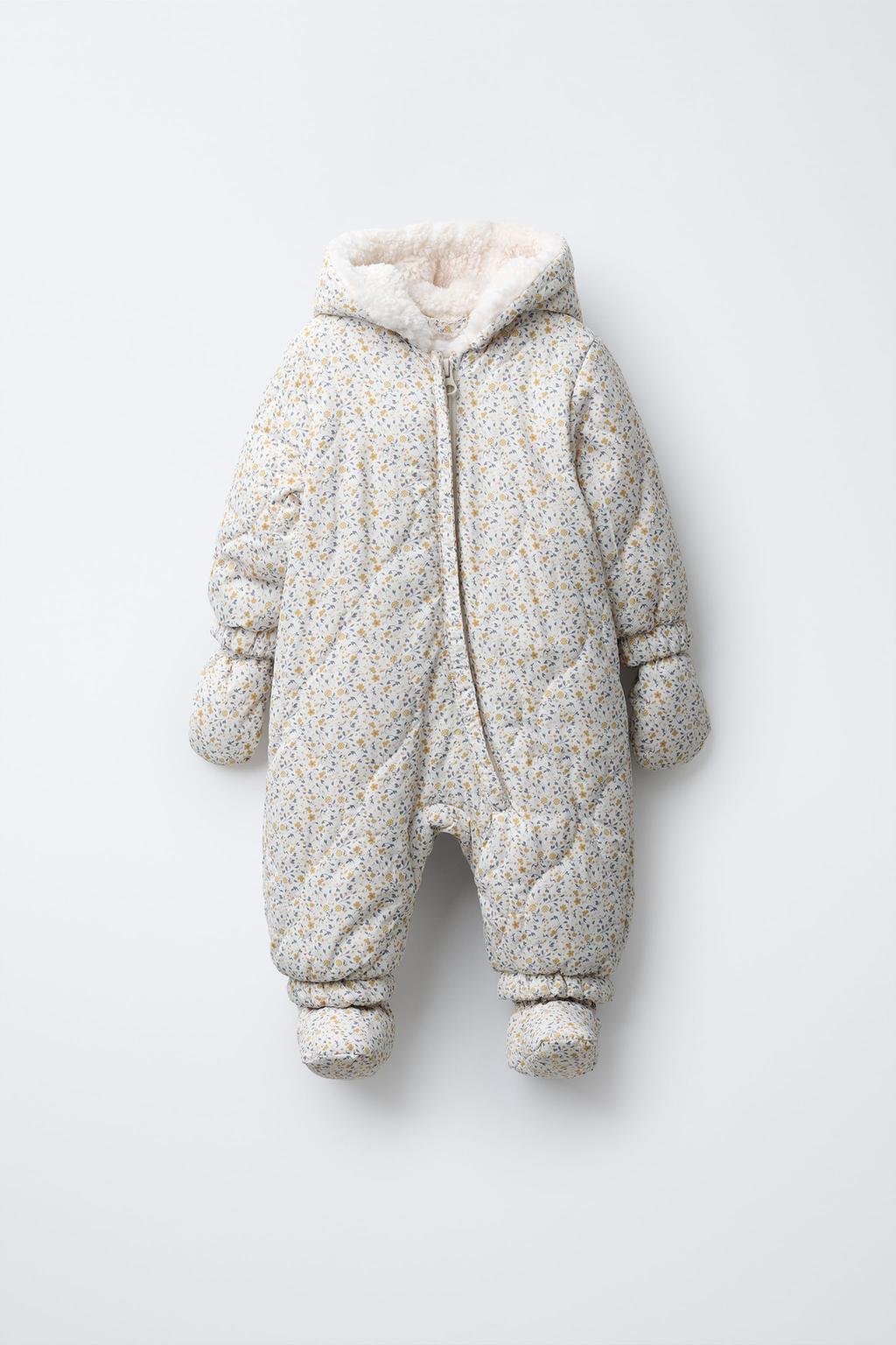 FLORAL NYLON ONE-PIECE SUIT WITH DETACHABLE MITTENS AND BOOTIES