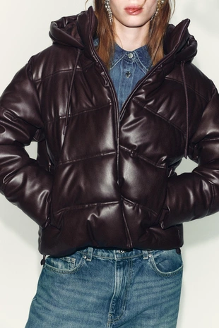 WATER-REPELLENT WINDPROOF QUILTED FAUX LEATHER ANORAK