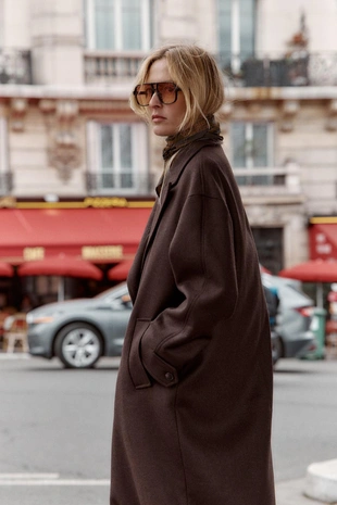 Пальто с комбинированным воротником из искусственной кожи- Заказать в России