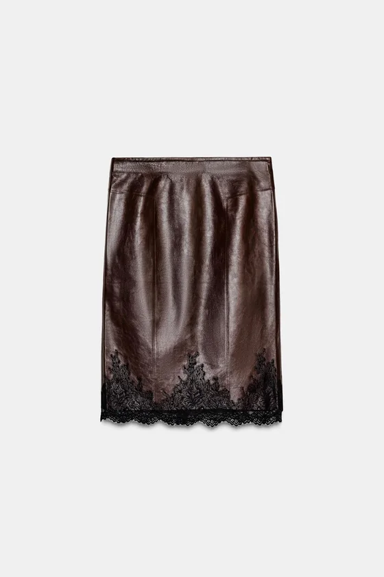КОЖАНАЯ ЮБКА С КРУЖЕВОМ — коллекция Zara «ZW» 