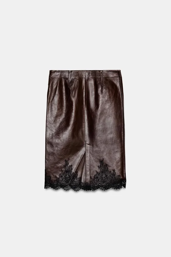 КОЖАНАЯ ЮБКА С КРУЖЕВОМ — коллекция Zara «ZW» 
