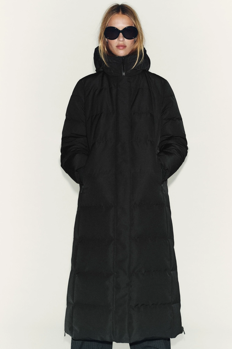 Пуховик zara с капюшоном от ветра и воды extra long